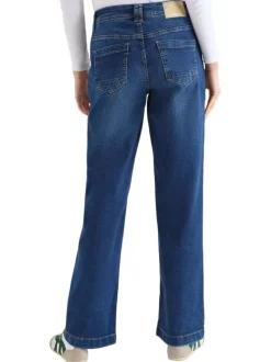 Jean en coton mélangé indigo uni pourvu d'une coupe droite et d'une taille haute