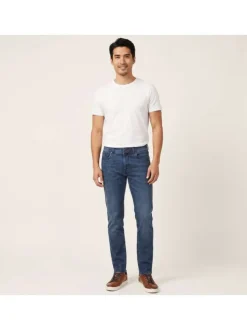 Jean en coton mélangé indigo uni pourvu d'une coupe slim et de multiples poches