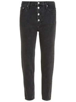 Jean en coton mélangé noir délavé avec une coupe mom et une taille haute