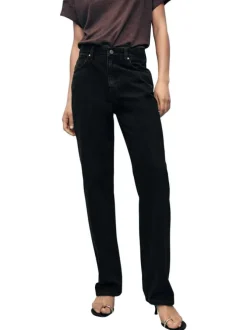 Jean en coton noir coupe droite pourvu de passants pour la ceinture