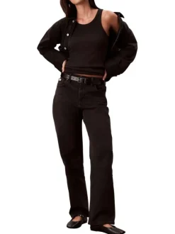Jean en coton noir uni avec une coupe droite à zip et à bouton
