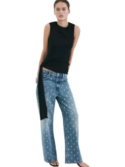 Jean en coton stone à motifs pourvu d'une coupe droite et d'une taille mi-haute