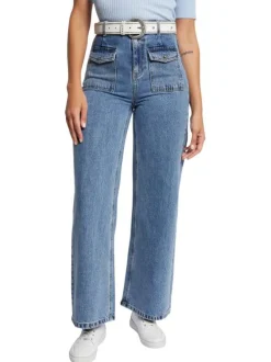 Jean en coton stone uni à coupe bootcut avec poches plaquées et zip et bouton