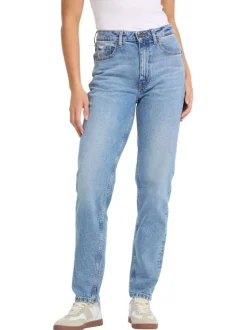 Jean Gj G06 Mom bleu uni avec fermeture zippée, bouton et poches avant