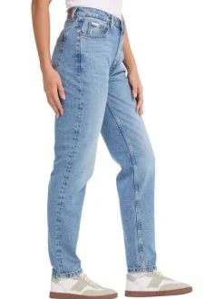 Jean Gj G06 Mom bleu uni avec fermeture zippée, bouton et poches avant