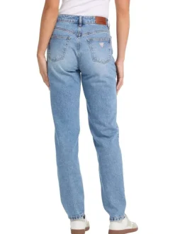Jean Gj G06 Mom bleu uni avec fermeture zippée, bouton et poches avant