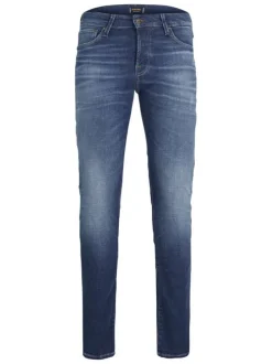 Jean Glenn bleu uni avec une coupe slim et des passants pour la ceinture