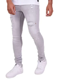 Jean gris clair en coton effet usé coupe skinny