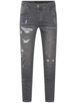 Jean gris en coton effet délavé avec une coupe slim et une taille intermédiaire