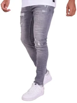 Jean gris en coton effet délavé avec une coupe slim et une taille intermédiaire