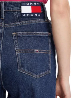Jean Mom 5 poches à taille haute en partie en coton recyclé bleu uni à stretch