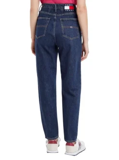 Jean Mom 5 poches à taille haute en partie en coton recyclé bleu uni à stretch