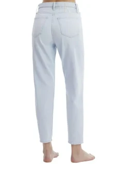 Jean mom stone en coton mélangé coupe slim avec ceinture blanche logotée