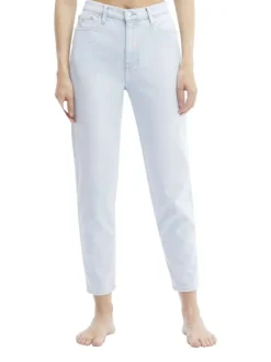 Jean mom stone en coton mélangé coupe slim avec ceinture blanche logotée