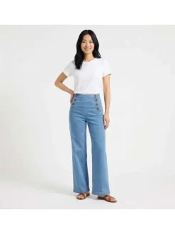 Jean Paulie en coton stone uni pourvu d'une taille haute et d'une coupe droite