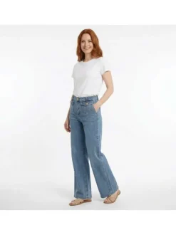 Jean Peyton en coton stone uni pourvu d'une coupe flare et d'une taille haute
