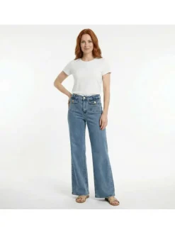 Jean Peyton en coton stone uni pourvu d'une coupe flare et d'une taille haute