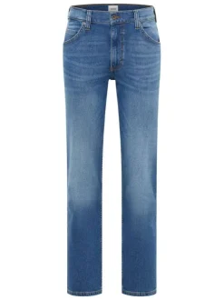 Jean 5 poches en coton bleu indigo délavé à coupe slim avec des passants