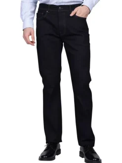 Jean 5 poches en coton bleu uni avec une coupe droite et un zip