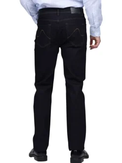 Jean 5 poches en coton bleu uni avec une coupe droite et un zip
