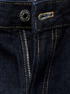 Jean 5 poches en coton indigo uni avec une coupe droite et surpiqûres beiges