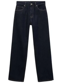 Jean 5 poches en coton indigo uni avec une coupe droite et surpiqûres beiges