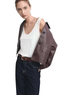 Jean 5 poches en coton indigo uni avec une coupe droite et surpiqûres beiges