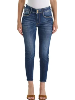Jean Pulp High Regular en coton indigo uni avec une coupe ajustée et des surpiqûres oranges