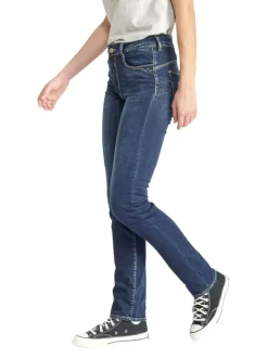 Jean Pulp High Regular en coton indigo uni avec une coupe ajustée et des surpiqûres oranges