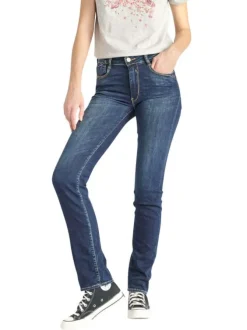 Jean Pulp High Regular en coton indigo uni avec une coupe ajustée et des surpiqûres oranges