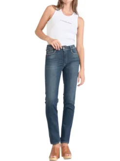 Jean Pulp High Regular en coton indigo uni avec une coupe ajustée et des surpiqûres oranges