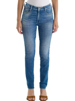 Jean Pulp High Regular en coton indigo uni avec une coupe ajustée et des surpiqûres oranges