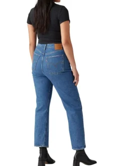 Jean Ribcage Straight Ankle bleu uni en coton à coupe droite et surpiqûres camel
