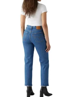 Jean Ribcage Straight Ankle bleu uni en coton à coupe droite et surpiqûres camel