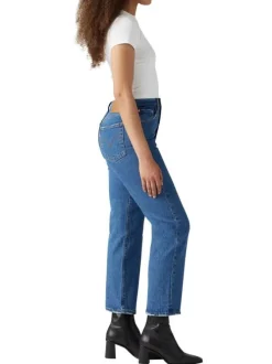 Jean Ribcage Straight Ankle bleu uni en coton à coupe droite et surpiqûres camel