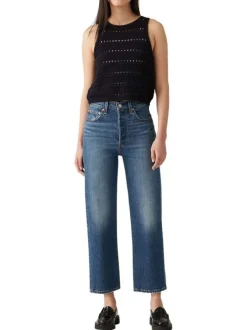 Jean Ribcage Straight Ankle droit en coton bleu délavé avec rivets cuivrés
