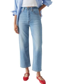 Jean Ribcage Straight Ankle en coton mélangé bleu stone uni à coupe ajustée