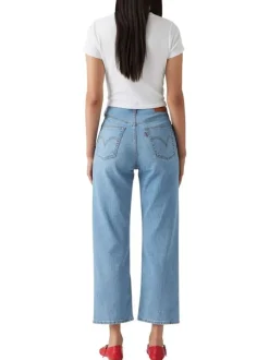 Jean Ribcage Straight Ankle en coton mélangé bleu stone uni à coupe ajustée