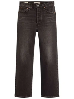 Jean Ribcage Straight Ankle noir en coton uni avec surpiqûres ton sur ton