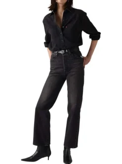 Jean Ribcage Straight Ankle noir en coton uni avec surpiqûres ton sur ton
