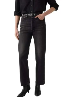 Jean Ribcage Straight Ankle noir en coton uni avec surpiqûres ton sur ton