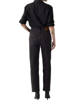 Jean Ribcage Straight Ankle noir en coton uni avec surpiqûres ton sur ton