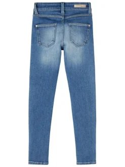 Jean skinny en coton mélangé bleu ciel délavé effet froissé à taille élastiquée réglable et découpes chevilles
