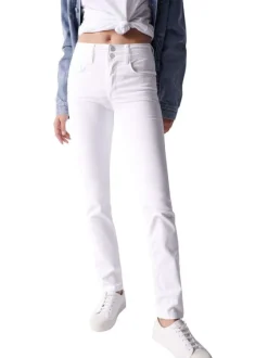 Jean slim en coton blanc uni avec bijou argenté sur la poche gousset
