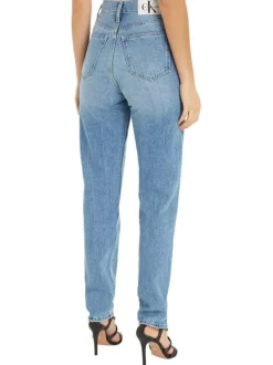 Jean Slim Straight en coton bleu uni délavé au niveau des genoux