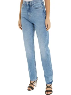 Jean Slim Straight en coton bleu uni délavé au niveau des genoux