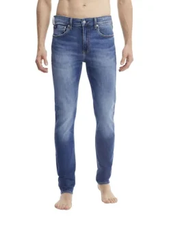 Jean Slim Taper en coton mélangé indigo effet délavé coupe slim avec 5 poches