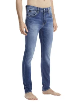Jean Slim Taper en coton mélangé indigo effet délavé coupe slim avec 5 poches
