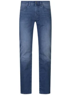 Jean stone uni avec une coupe ajustée et un patch d'authenticité