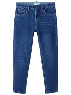 Jean taille slim ajustable en partie en coton indigo léger délavé à jambes droites